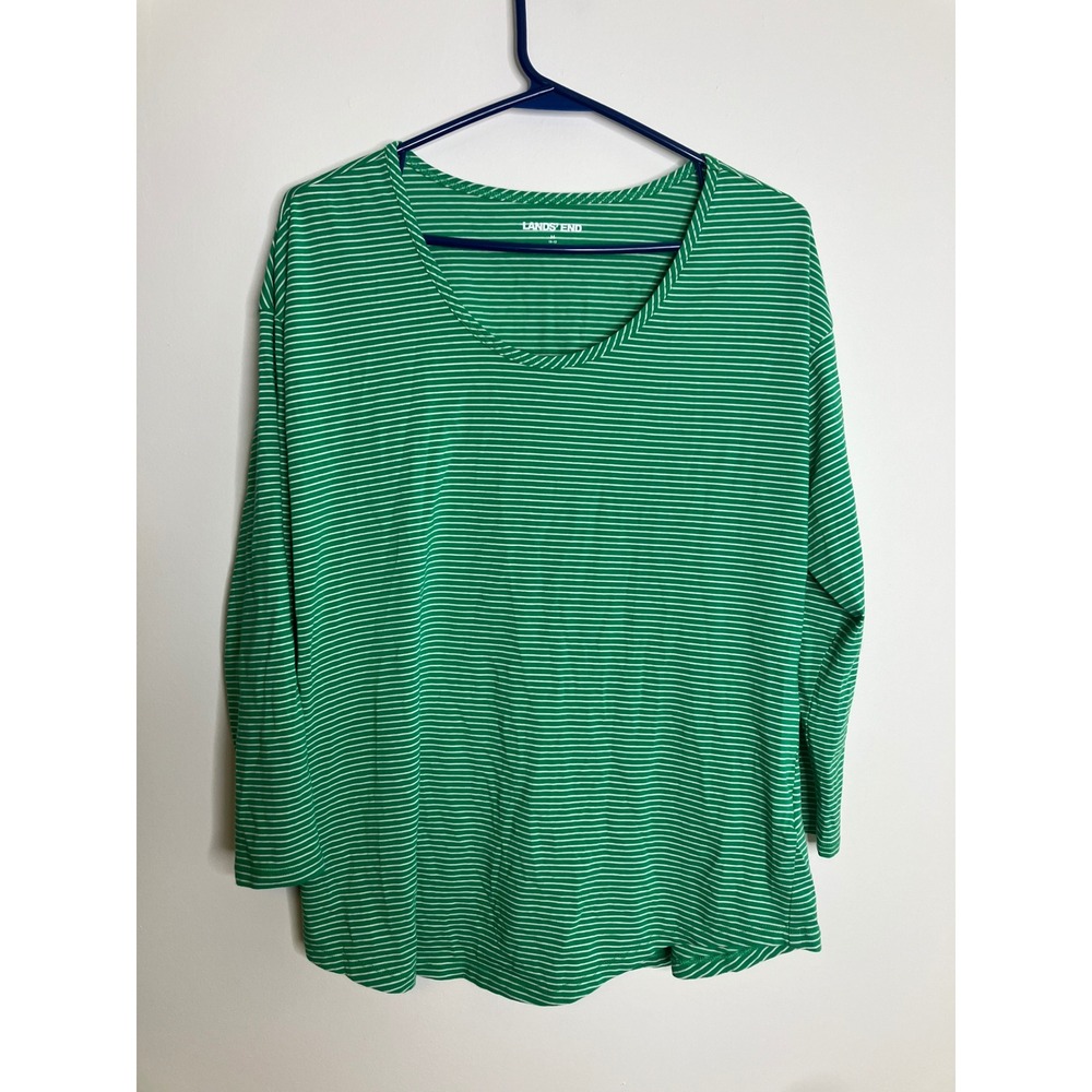 Lands' End Striped Top Women M Green Excellent Long Sleeve Scoop Cotton Blend